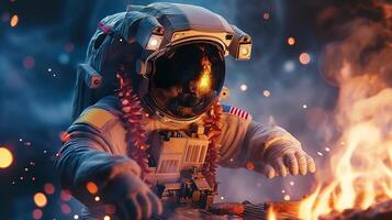 This astronaut is grilling in a unique setting with zero gravity, blending space tourism and cooking. photo