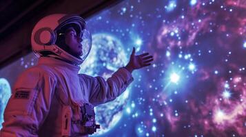 This astronaut explores a vibrant universe, highlighting the potential of space tourism. photo