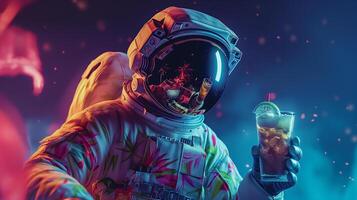 This astronaut enjoys a cocktail in vibrant outer space, showcasing leisure in zero gravity. photo