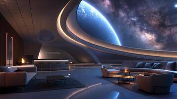This Passengers relax in a stylish lounge while enjoying stunning views of Earth and stars. photo