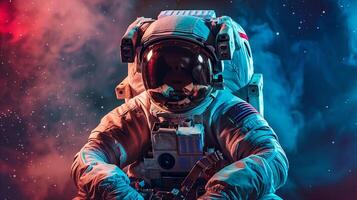 This astronaut is readying for an adventure in suborbital space, surrounded by cosmic colors. photo