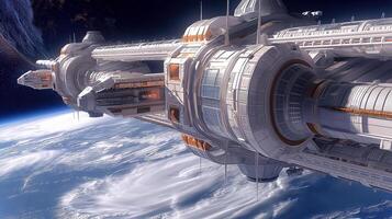 This Tourists enjoy zero gravity experiences in a luxury space hotel orbiting the planet. photo