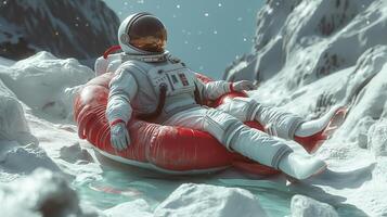 This astronaut enjoys leisure time on a red inflatable raft surrounded by snow and mountains. photo