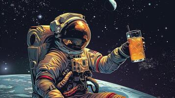 This astronaut holds a drink while floating in zero gravity, with Earth visible below. photo