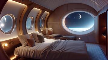 This Passengers relax in a spacious room featuring large windows and stunning cosmic views. photo