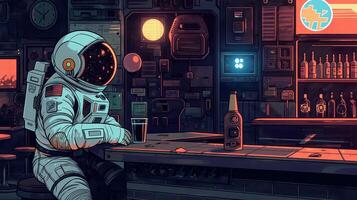 This astronaut relaxes at a bar in a zero-gravity space tourism environment with a drink. photo