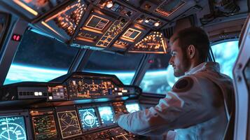 This passenger in a spaceplane suit glides through suborbital space, enjoying stunning views. photo