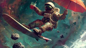This astronaut enjoys a unique experience, surfing through space while holding an umbrella and drink. photo