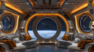 This Relax in a luxurious space hotel with a stunning view of Earth from the window in suborbital space. photo