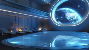 This Guests enjoy a serene moment by the pool, overlooking Earth from a luxurious space hotel. photo