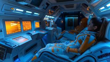This Passengers enjoy a high-tech spaceplane cockpit while preparing for suborbital flight. photo
