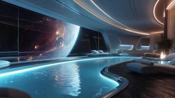 This futuristic hotel features a zero gravity pool and breathtaking views of distant galaxies. photo