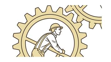 Worker Man Powering Large Industrial Gears Mechanism System vector