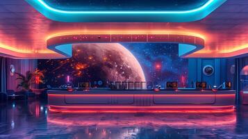 This Guests check in at a futuristic hotel lobby with a stunning view of a planet and glowing decor. photo