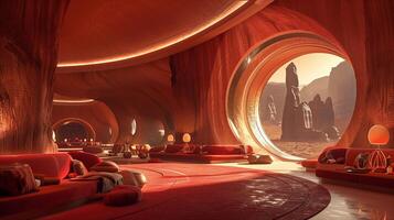 This Guests relax in stylish seating, enjoying panoramic views of Mars as the sun sets. photo