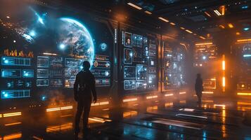 This Two figures observe Earth from a high-tech control room designed for space tourism activities. photo