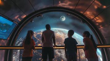 This Kids watch Earth and the moon during a unique space tourism experience. photo