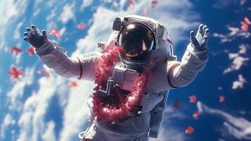 This astronaut joyfully floats in zero gravity while being showered with flowers in space. photo