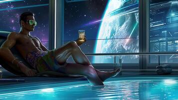 This Relaxing by the pool in a space hotel while enjoying breathtaking views of Earth and the cosmos. photo