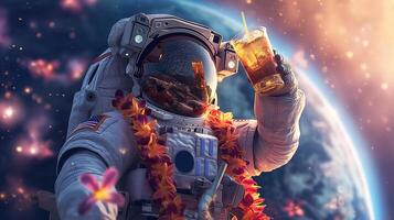 This Astronaut drinks a flower-adorned beverage while taking in Earth's views on suborbital flight. photo
