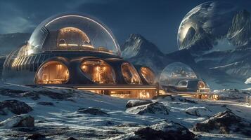 This Futuristic hotel domes sit on a moonlit landscape, showcasing advanced design for space tourists. photo