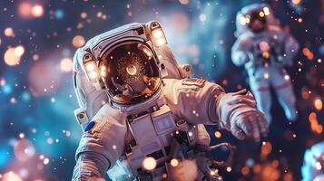This Astronauts float effortlessly in zero gravity while experiencing space tourism. photo