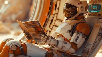 This humanoid robot relaxes and reads a menu while aboard a futuristic space tourism vehicle. photo