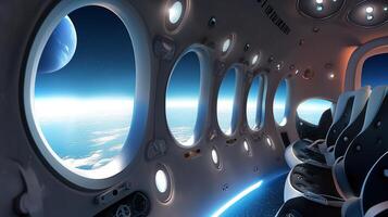 This Passengers enjoy breathtaking views of Earth and distant planets from a luxurious spaceplane. photo