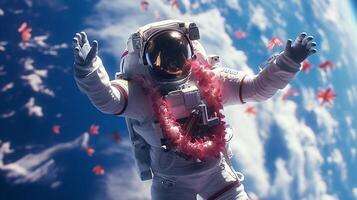 This astronaut floats in zero gravity, adorned with a floral lei while enjoying suborbital travel. photo