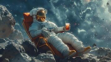 This astronaut relaxes on an asteroid with a drink, enjoying the vastness of space and weightlessness. photo