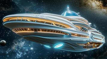 This futuristic space hotel features advanced amenities and technology in a cosmic environment. photo