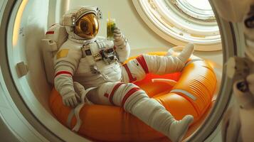 This Passenger in a space hotel relaxes in a bright seat while sipping a drink in zero gravity. photo