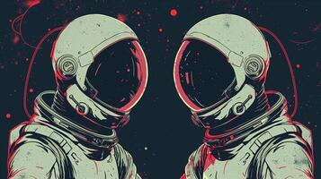 This Two astronauts explore a vibrant space, highlighting the thrill of future space tourism. photo