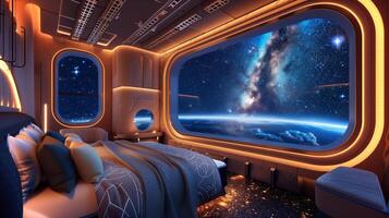 This Experience breathtaking cosmic views from a space hotel suite with zero gravity comfort. photo