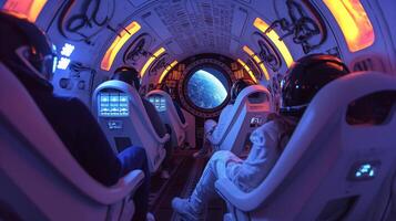 This Passengers enjoy a zero-gravity experience while observing Earth from a spaceplane window. photo