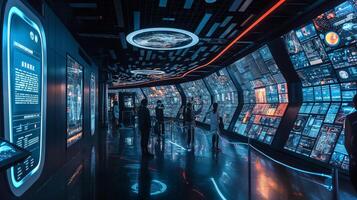 This Visitors engage with advanced displays showcasing space tourism innovations and information. photo