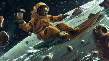This astronaut enjoys surfing on an asteroid while holding a drink in a zero gravity environment. photo