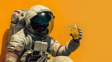 This astronaut sits relaxed, holding a drink, showcasing a unique blend of space travel and leisure. photo