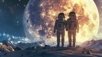This Two astronauts stand hand in hand, admiring a large moon over a surreal landscape in space. photo