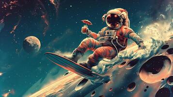 This astronaut glides through space on a surfboard, enjoying a drink in zero gravity waves. photo