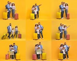 A joyful family stands against a bright yellow backdrop, excited for their adventure. They pose with colorful suitcases, a map, and smiles, capturing the spirit of travel and exploration. photo