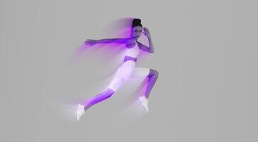 Athletic Woman Jumping Posing In Mid-Air Looking At Camera Exercising Over Pink And Blue Neon Background In Studio. Full Length, Panorama With Empty Space photo