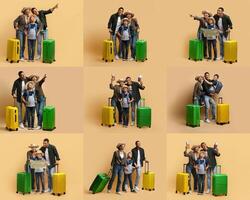 A family enjoys their vacation, posing together with colorful suitcases. They are excitedly planning their journey, embodying a spirit of fun and adventure during their travels. photo