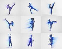 A collage of individuals performing various athletic exercises using virtual reality technology. The scene showcases diverse workouts, emphasizing movement and healthy lifestyles in a modern setting. photo