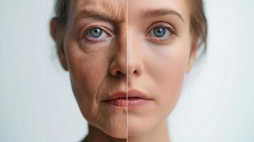 This Juxtaposed faces show aging on one side and rejuvenation from stem cell treatment on the other. photo