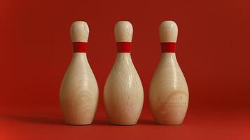 This Three wooden bowling pins with red bands pose against a striking red background, evoking fun. photo
