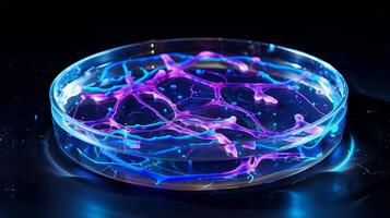 This Colorful stem cells display intricate patterns in a lab petri dish illuminated by artificial light. photo
