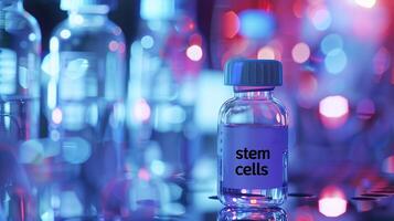 This display highlights vials labeled stem cells in the laboratory setting, emphasizing research. photo