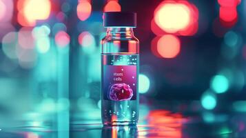 This vivid depiction of stem cells in a vial set against a colorful, illuminated background. photo