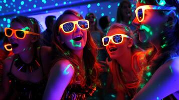 This Friends enjoy a lively party with colorful lights and fun outfits, creating a festive ambiance. photo